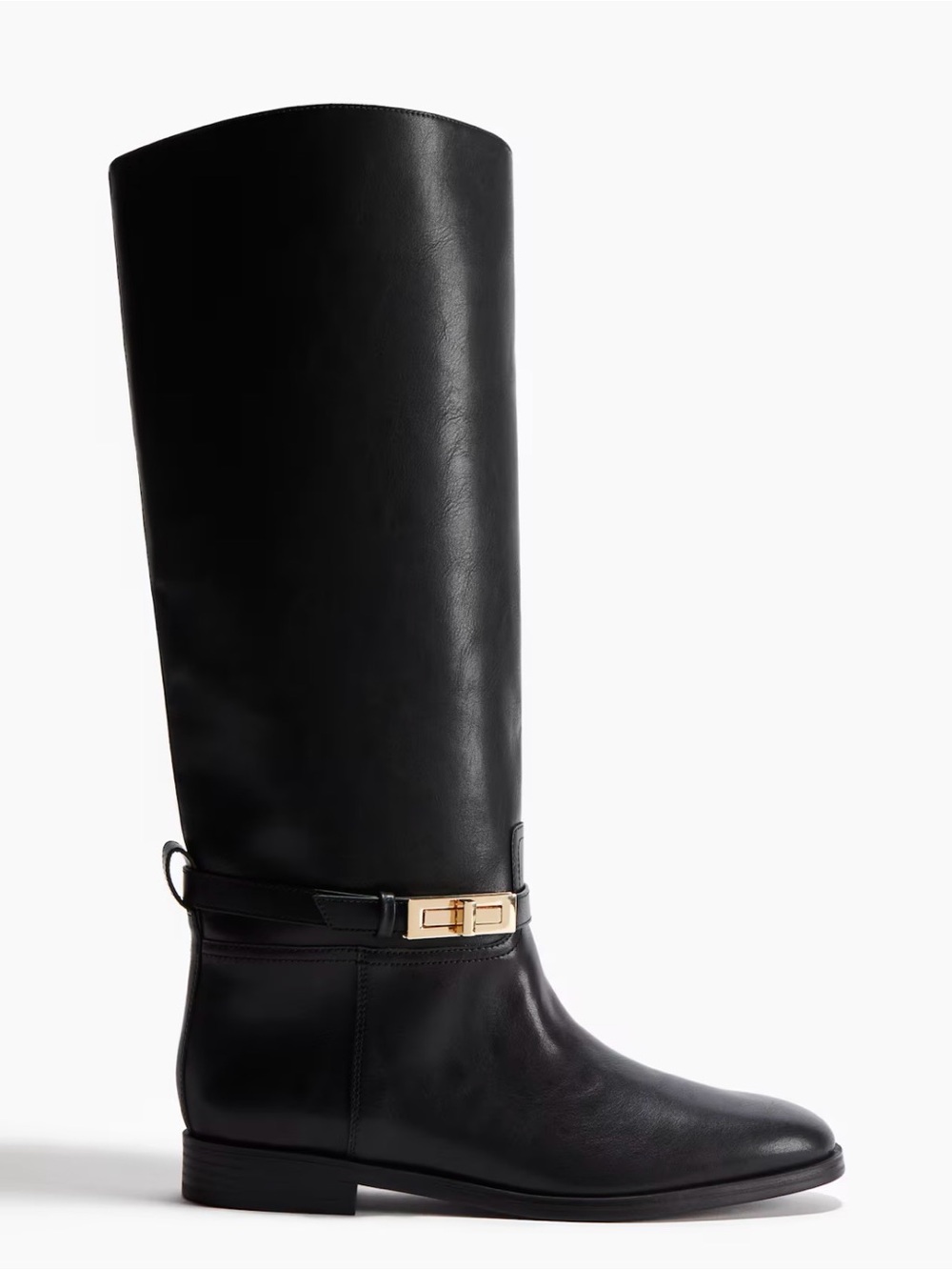 H&M Black Over-the-Knee Leather Boots with Gold Buckle - brand new.